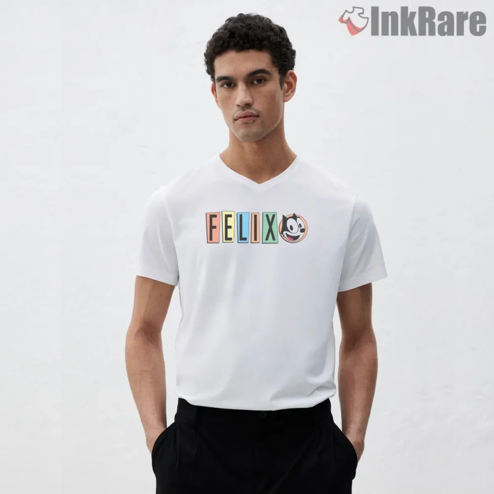 Felix Color Block Letter Parade Shirt on white v-neck shirt for men graphic tee