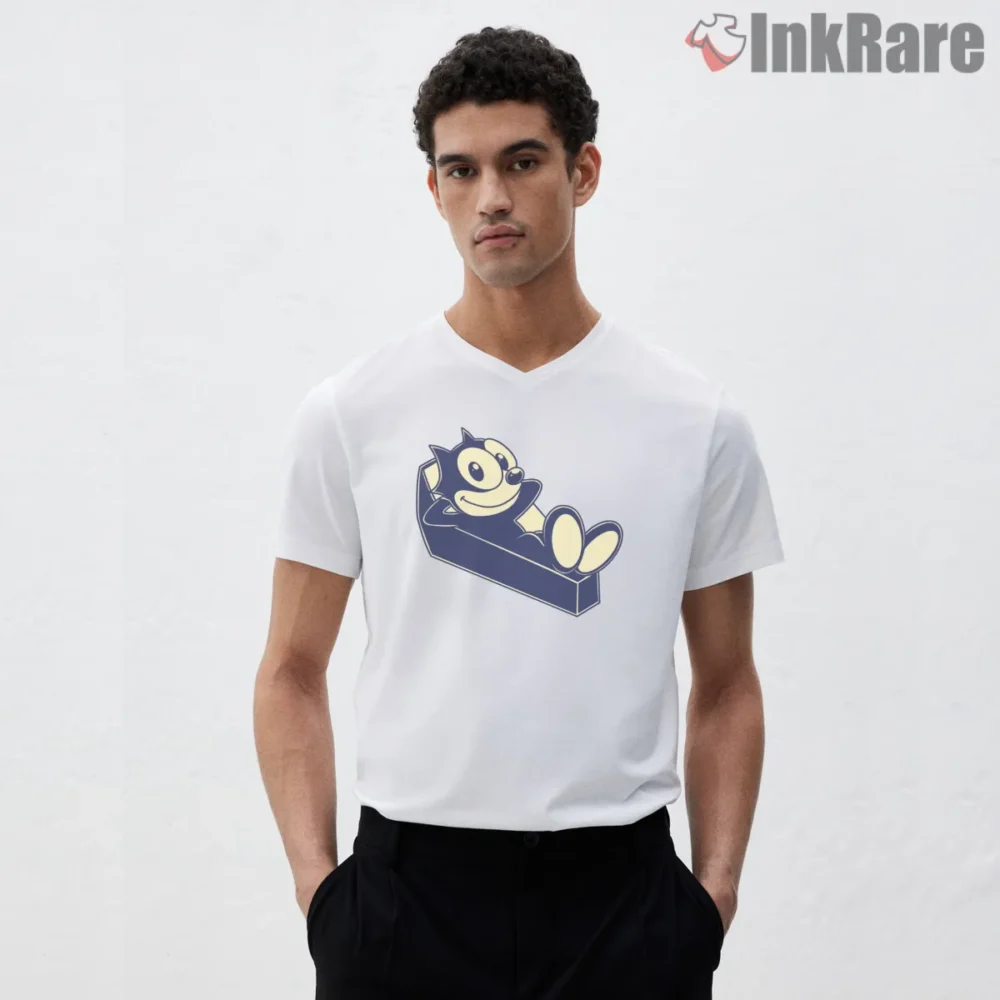 Felix Couch Day Chill Pose Shirt on white v-neck shirt for men graphic tee