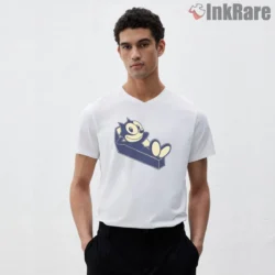 Felix Couch Day Chill Pose Shirt on white v-neck shirt for men graphic tee