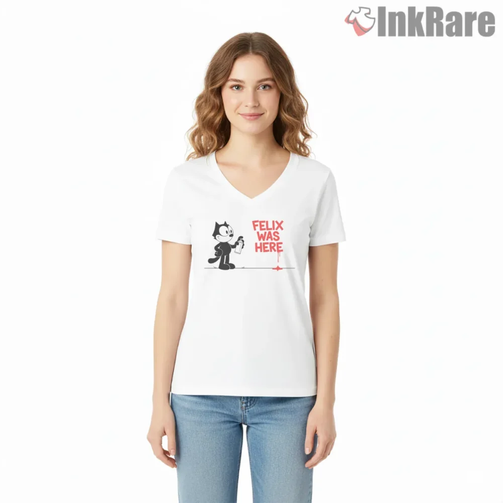 Felix Graffiti Was Here Street Art Shirt on white v-neck shirt for women graphic tee