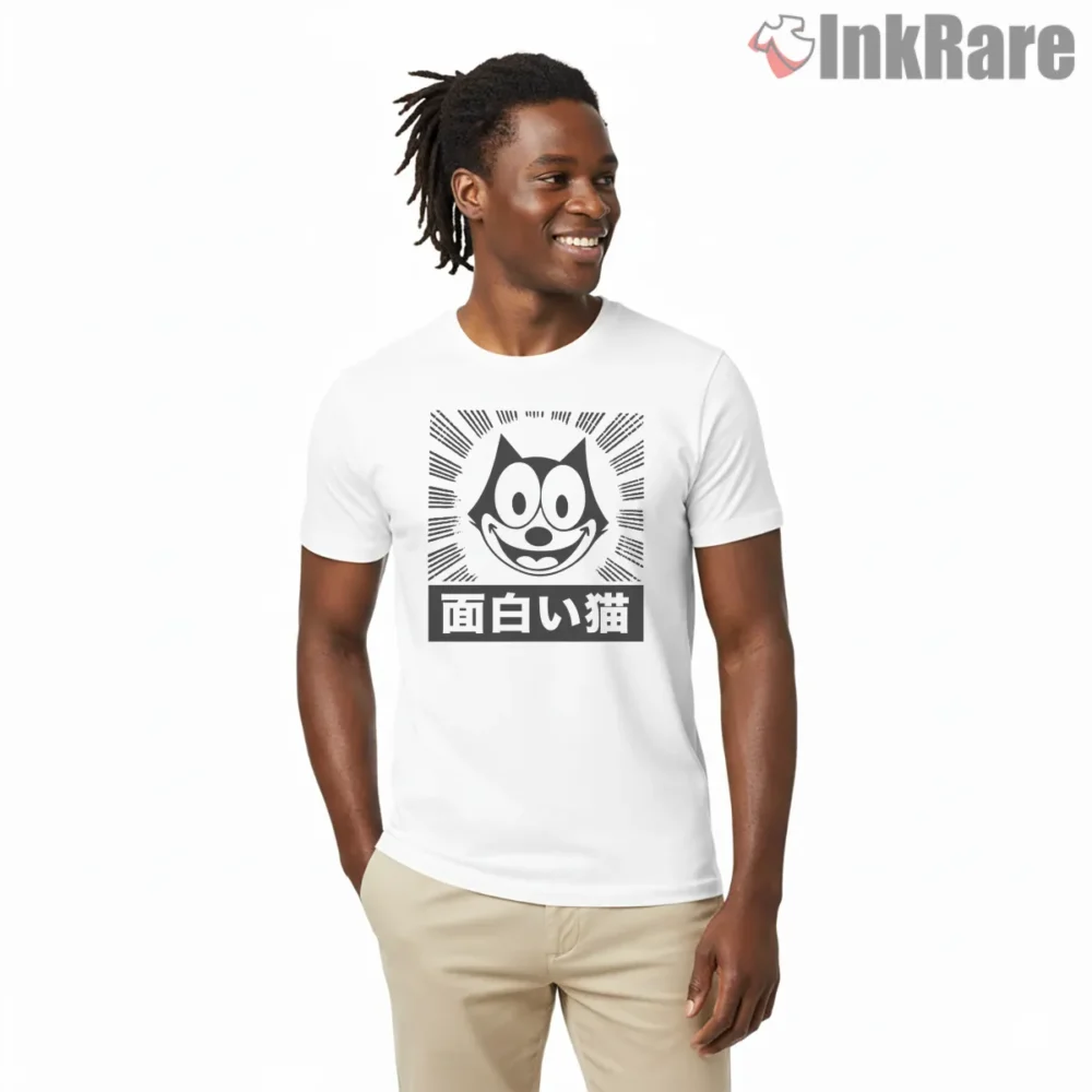 Felix Japanese Burst Poster Style Shirt on white short sleeve shirt for men graphic tee