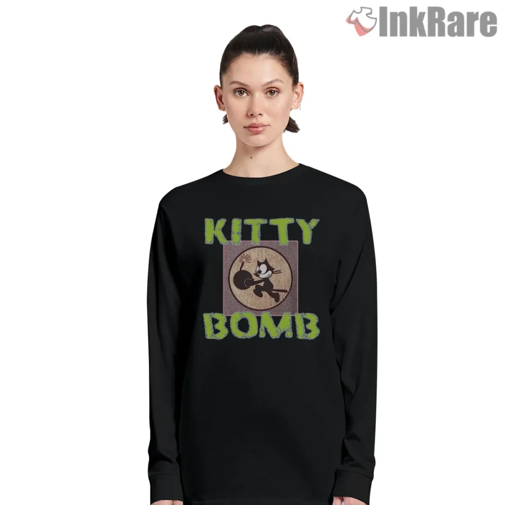 Felix Kitty Bomb Retro Guitar Shirt on black long sleeve shirt for women graphic tee