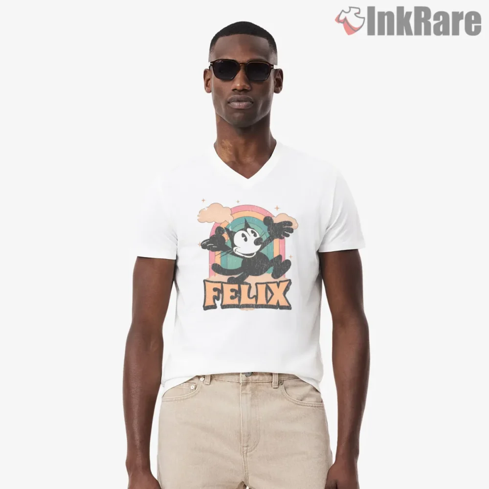 Felix On The Clouds Retro Surreal Scene Shirt on white v-neck shirt for men graphic tee