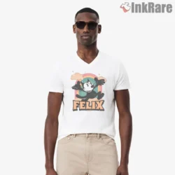 Felix On The Clouds Retro Surreal Scene Shirt on white v-neck shirt for men graphic tee