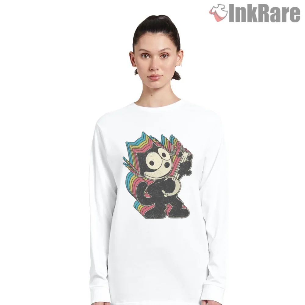 Felix Psychedelic Rainbow Guitar Vibes Shirt on white long sleeve shirt for women graphic tee