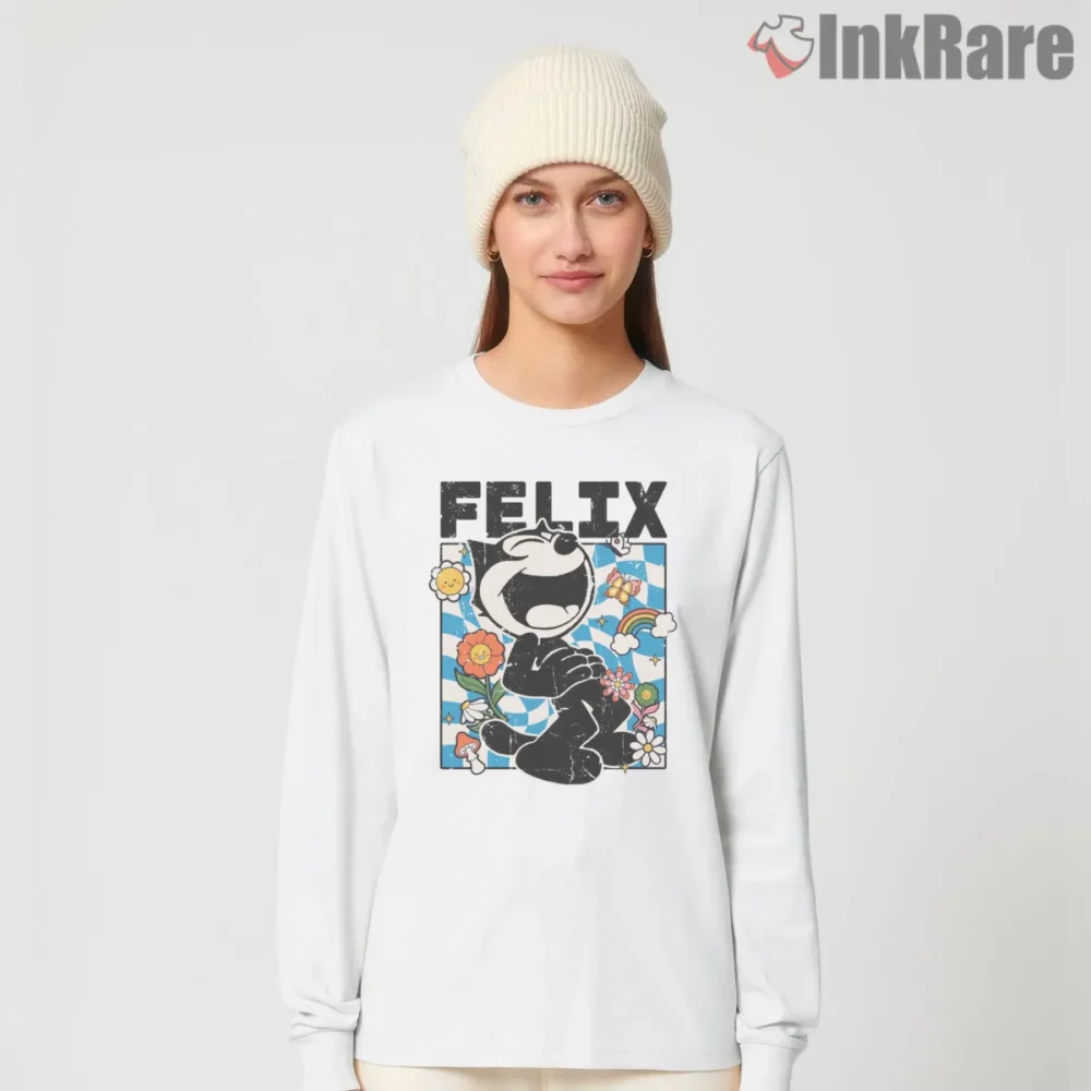 Felix Psychedelic Retro Flower Groove Shirt on white long sleeve shirt for women graphic tee