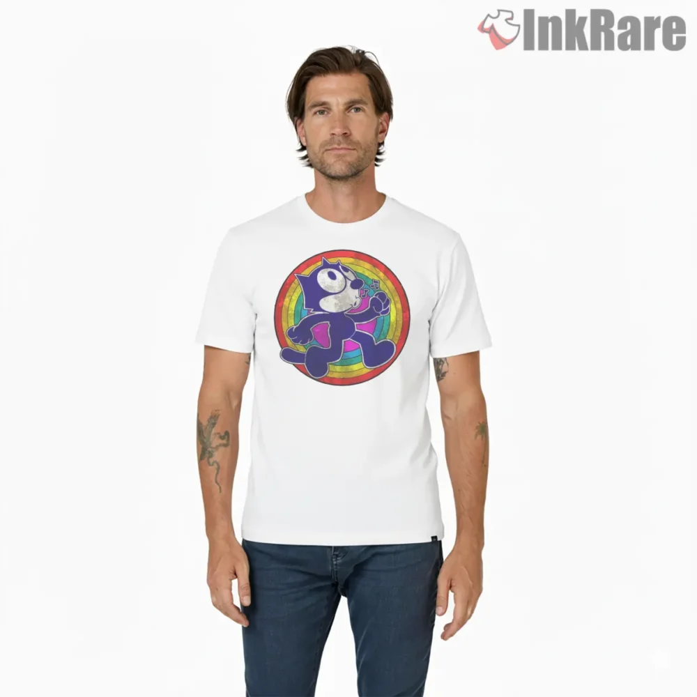 Felix Rainbow Groove Cosmic Walk Shirt on white short sleeve shirt for men graphic tee