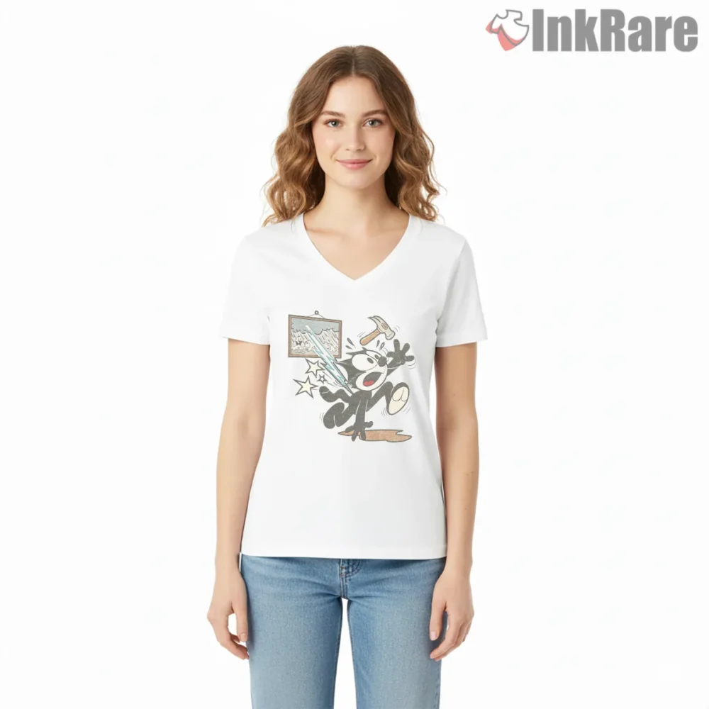 Felix Retro Workshop Lightning Moment Shirt on white v-neck shirt for women graphic tee