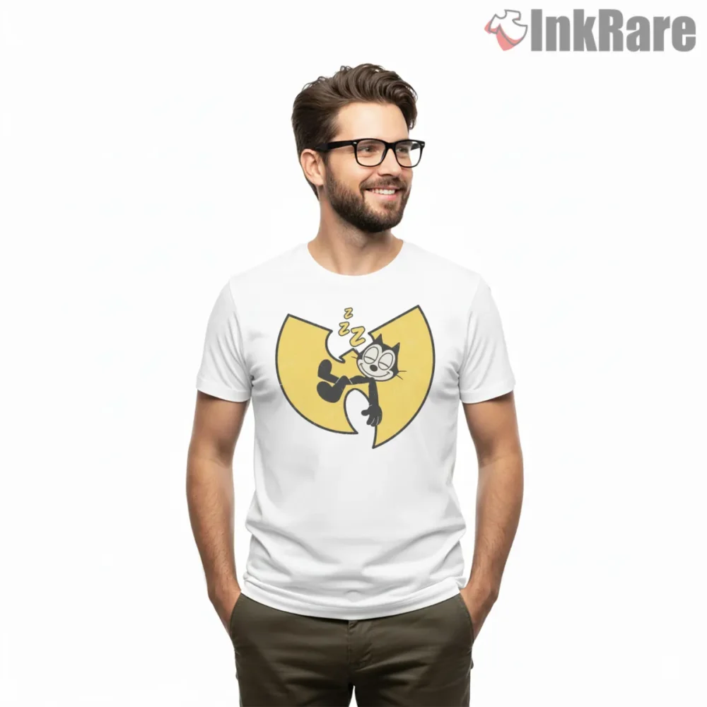 Felix Sleepy Wu Tang Logo Cartoon Shirt on white short sleeve shirt for men graphic tee