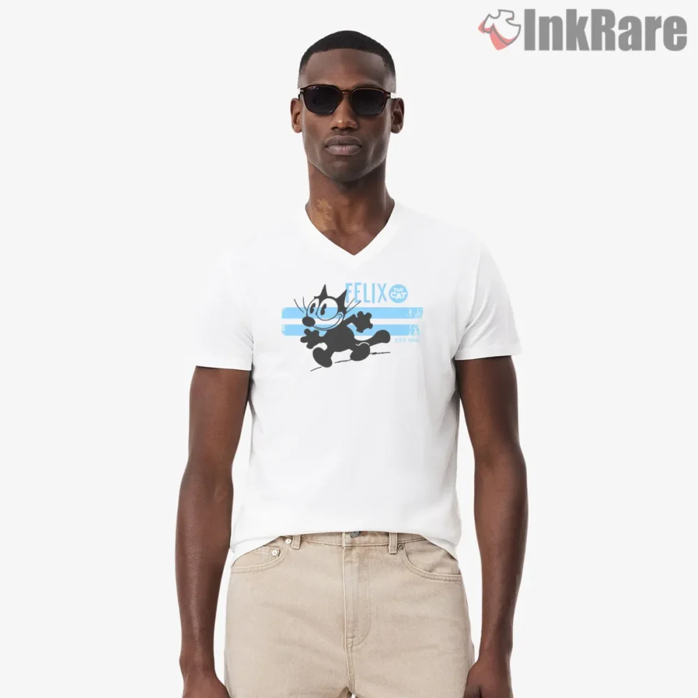 Felix Stripes Est Nineteen Nineteen Mark Shirt on white v-neck shirt for men graphic tee