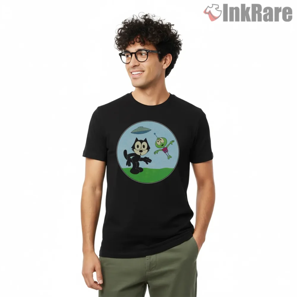 Felix The Cat And Friendly Martian Planet Shirt on black short sleeve shirt for men graphic tee