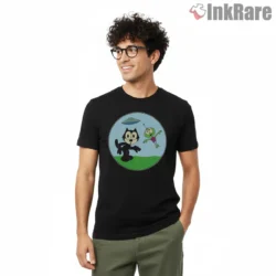 Felix The Cat And Friendly Martian Planet Shirt on black short sleeve shirt for men graphic tee
