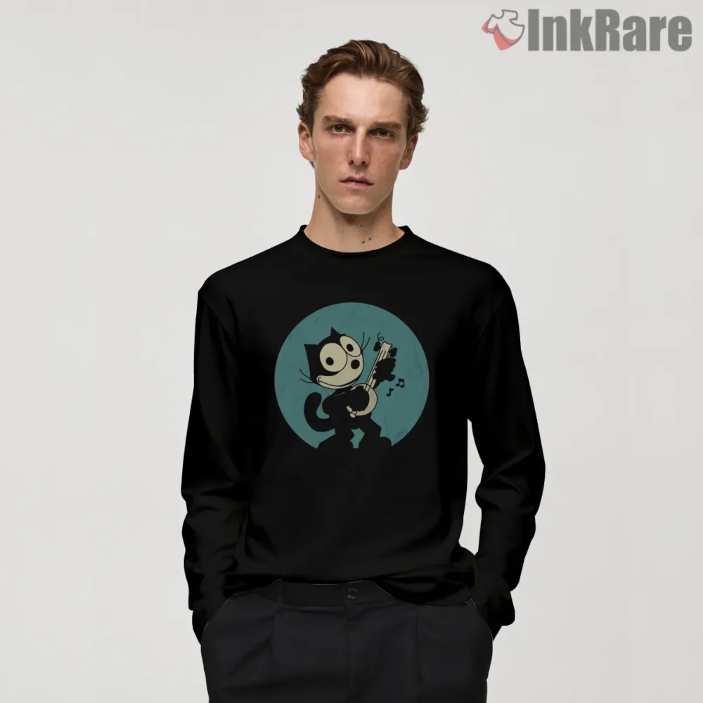 Felix The Cat Banjo Blue Circle Shirt on black long sleeve shirt for men graphic tee