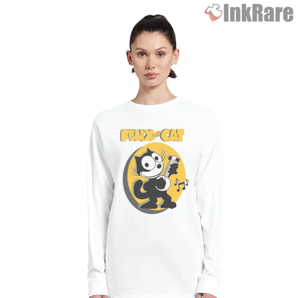 Felix The Cat Banjo Player Old School Music Shirt on white long sleeve shirt for women graphic tee