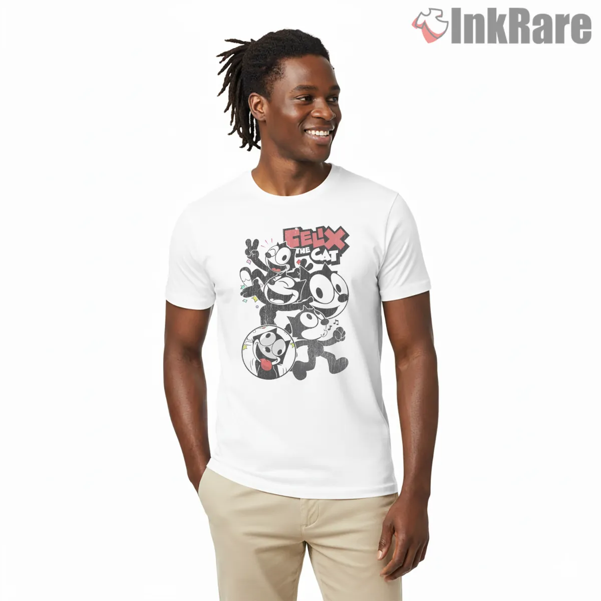 Felix The Cat Black And White Cartoon Collage Shirt on white short sleeve shirt for men graphic tee