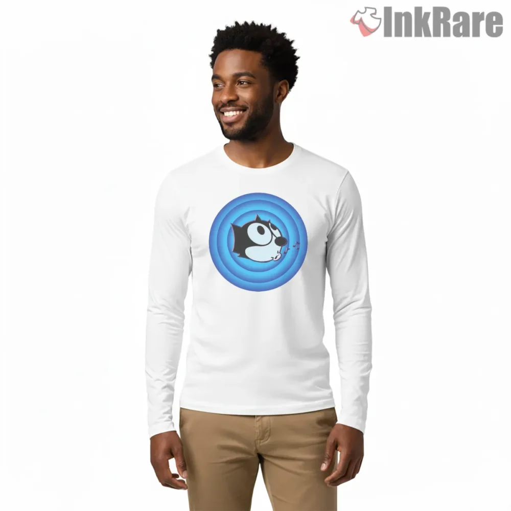Felix The Cat Blue Retro Whistling Music Shirt on white long sleeve shirt for men graphic tee