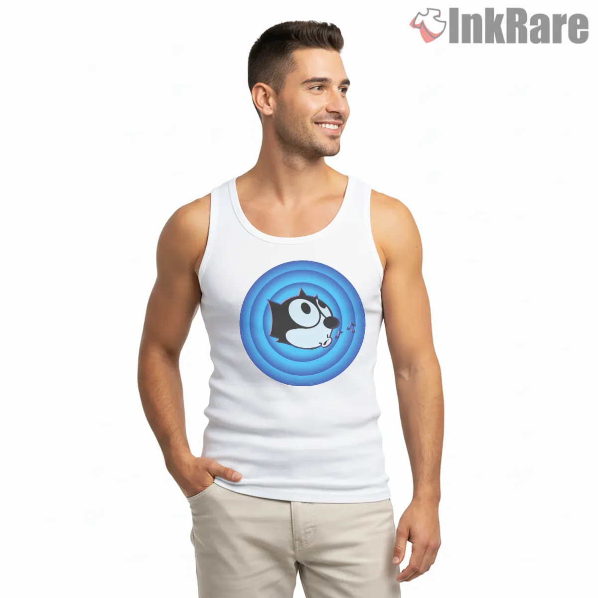 Felix The Cat Blue Retro Whistling Music Shirt on white tank top for men graphic tee
