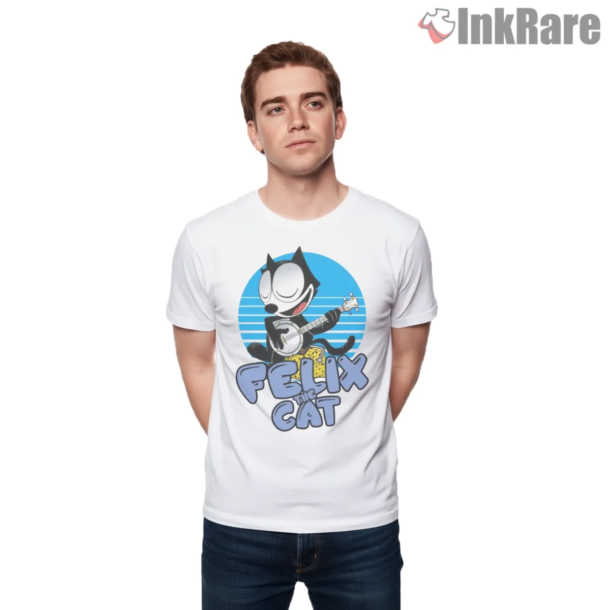 Felix The Cat Blue Stage Guitar Shirt on white short sleeve shirt for men graphic tee
