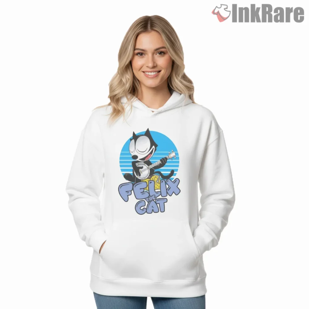 Felix The Cat Blue Stage Guitar Shirt on white hoodie for women graphic tee
