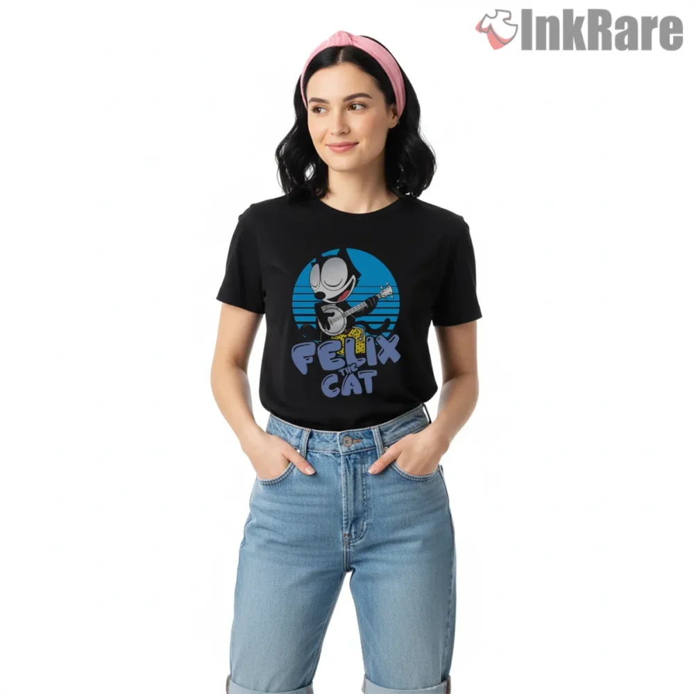 Felix The Cat Blue Sunset Banjo Shirt on black short sleeve shirt for women graphic tee