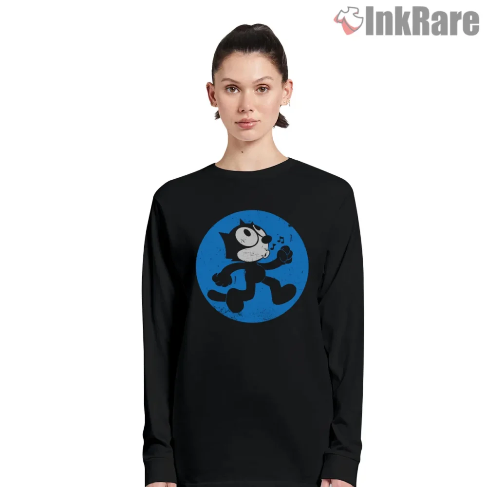 Felix The Cat Blue Walking Whistle Shirt on black long sleeve shirt for women graphic tee
