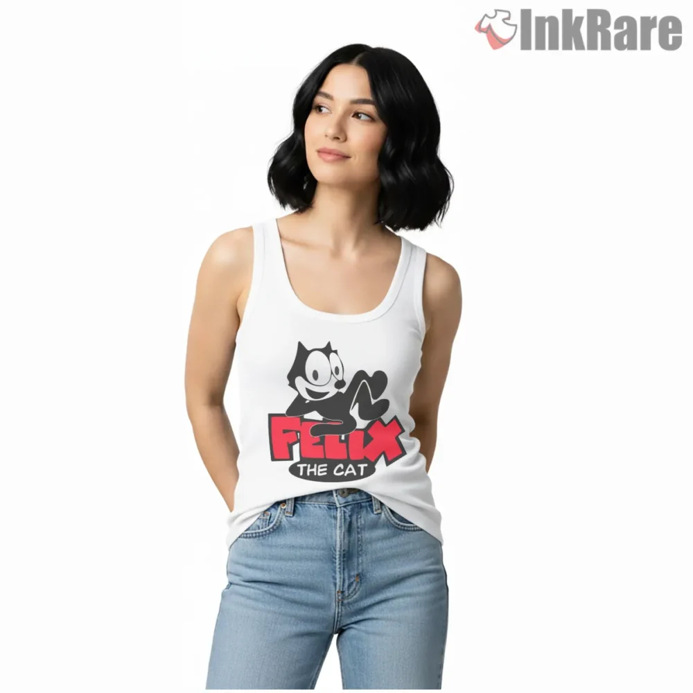 Felix The Cat Bold Jump Logo Shirt on white tank top for women graphic tee