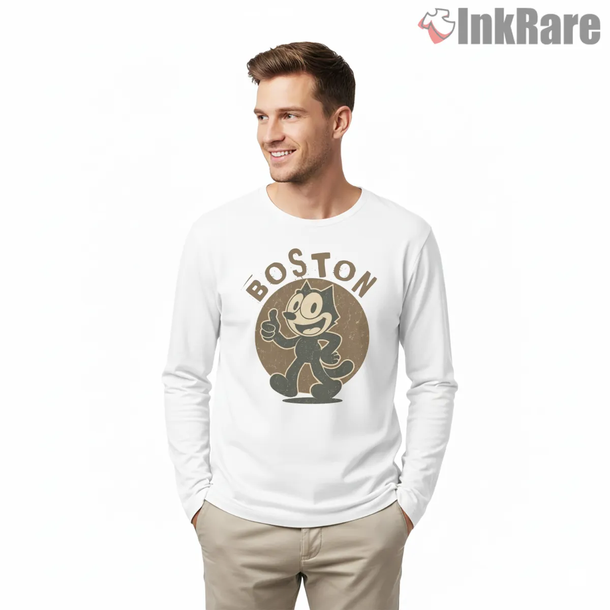 Felix The Cat Boston Vintage Emblem Shirt on white long sleeve shirt for men graphic tee