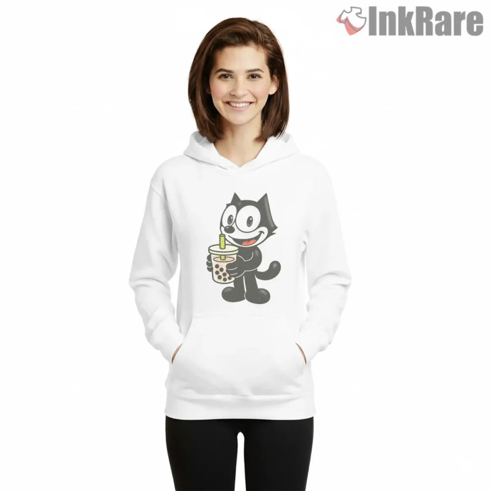Felix The Cat Bubble Tea Drink Break Shirt on white hoodie for women graphic tee