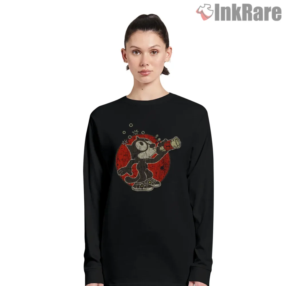 Felix The Cat Bubbly Bottle Vintage Shirt on black long sleeve shirt for women graphic tee