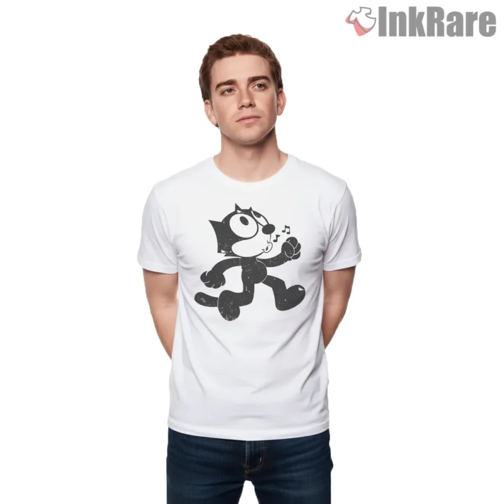 Felix The Cat Classic Walking Whistle Shirt on white short sleeve shirt for men graphic tee