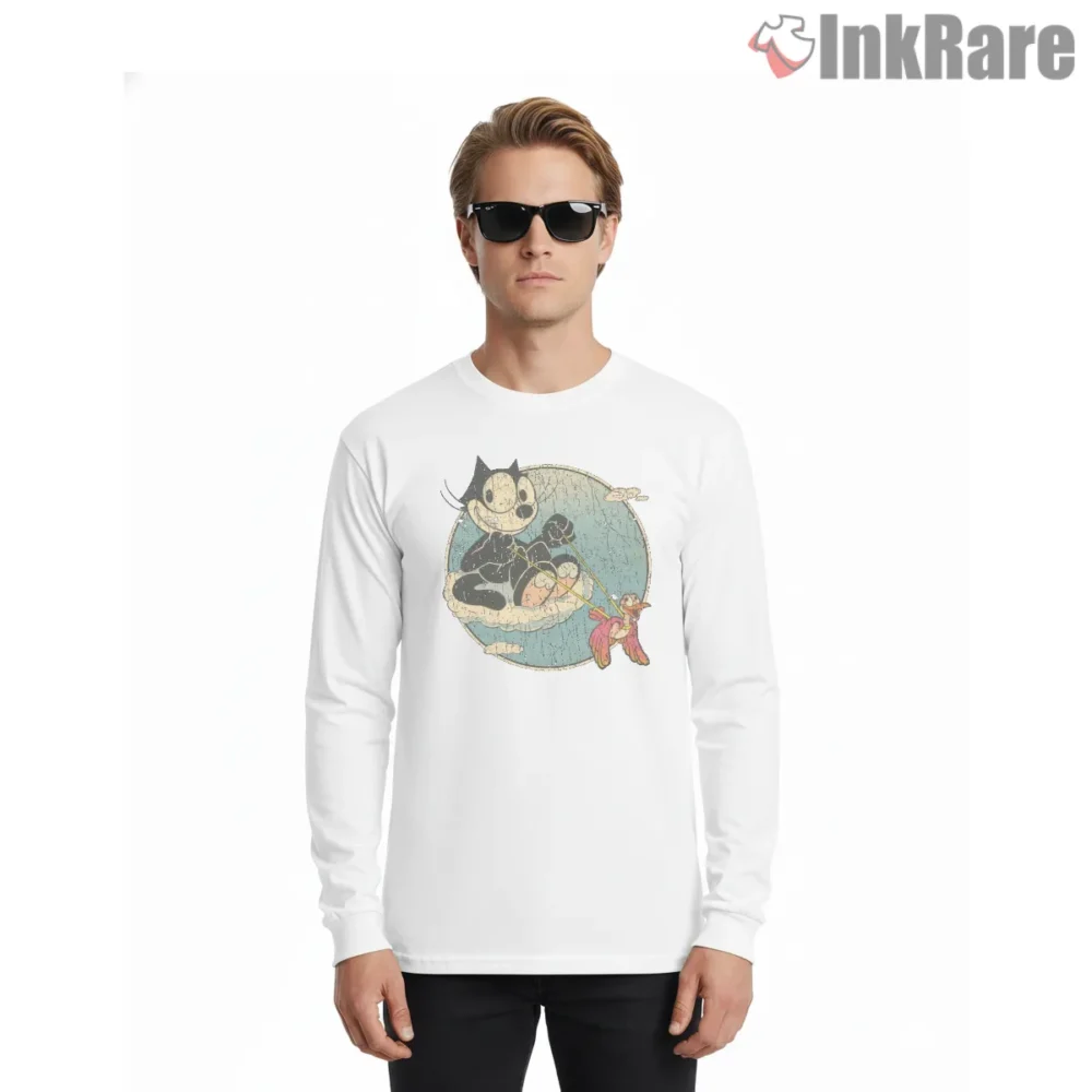 Felix The Cat Cloud Ride With Friends Shirt on white long sleeve shirt for men graphic tee