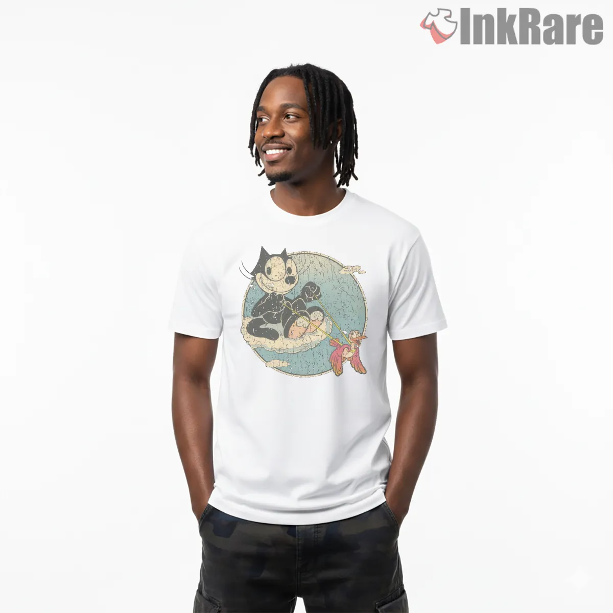 Felix The Cat Cloud Ride With Friends Shirt on white short sleeve shirt for men graphic tee