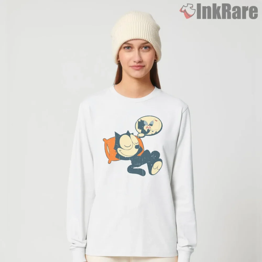 Felix The Cat Cozy Hoodie Dream Shirt on white long sleeve shirt for women graphic tee