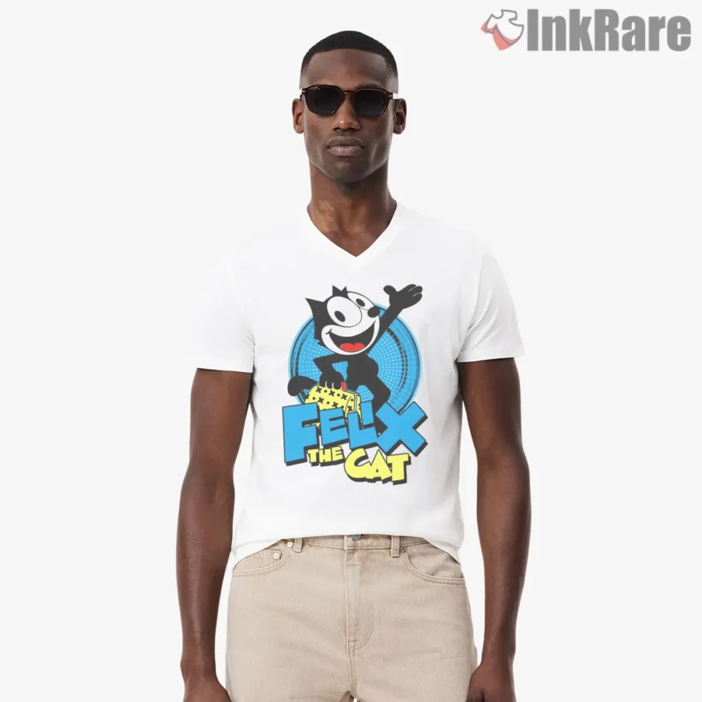 Felix The Cat Electric Blue Circle Shirt on white v-neck shirt for men graphic tee
