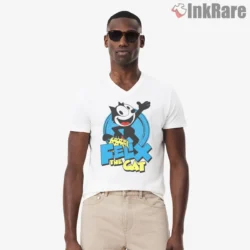 Felix The Cat Electric Blue Circle Shirt on white v-neck shirt for men graphic tee