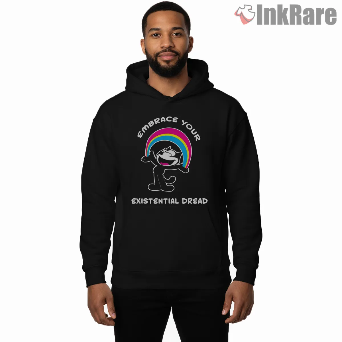 Felix The Cat Existential Rainbow Vibes Shirt on black hoodie for men graphic tee