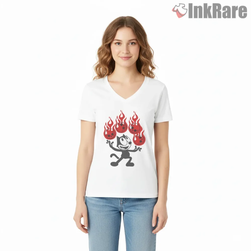 Felix The Cat Fiery Payback Dance Shirt on white v-neck shirt for women graphic tee