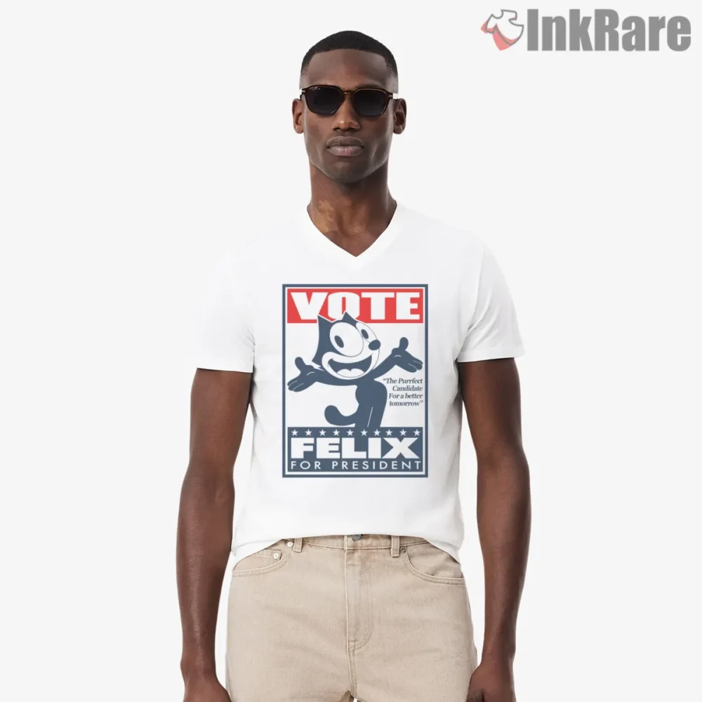 Felix The Cat For President Campaign Poster Shirt on white v-neck shirt for men graphic tee