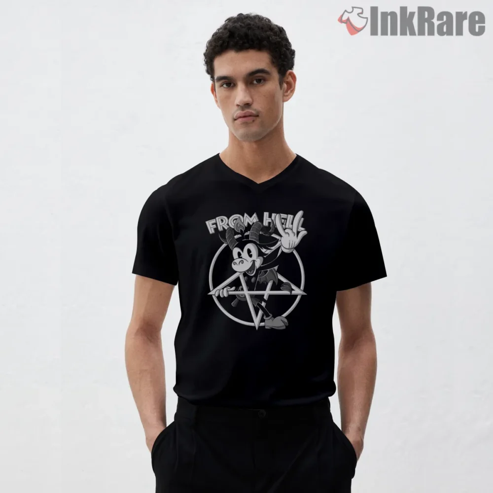 Felix The Cat From Hell Rebel Shirt on black v-neck shirt for men graphic tee