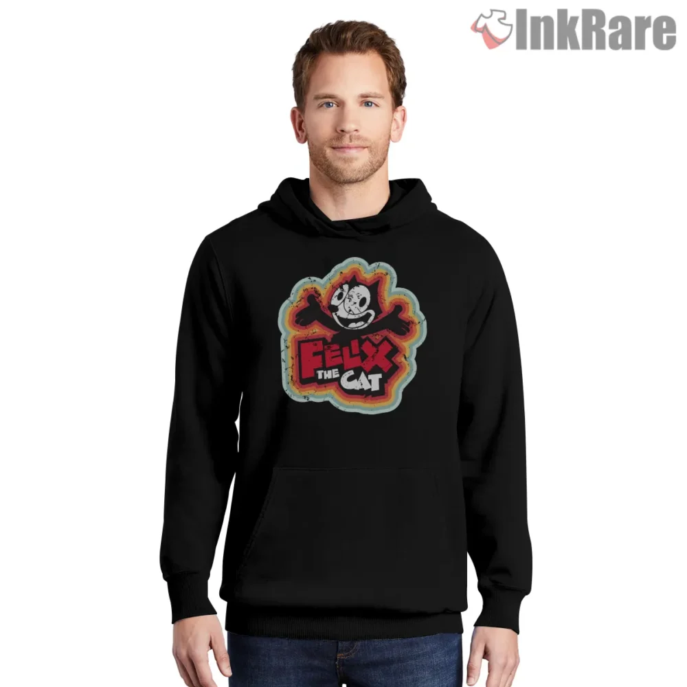 Felix The Cat Fuzzy Patch Retro Badge Shirt on black hoodie for men graphic tee