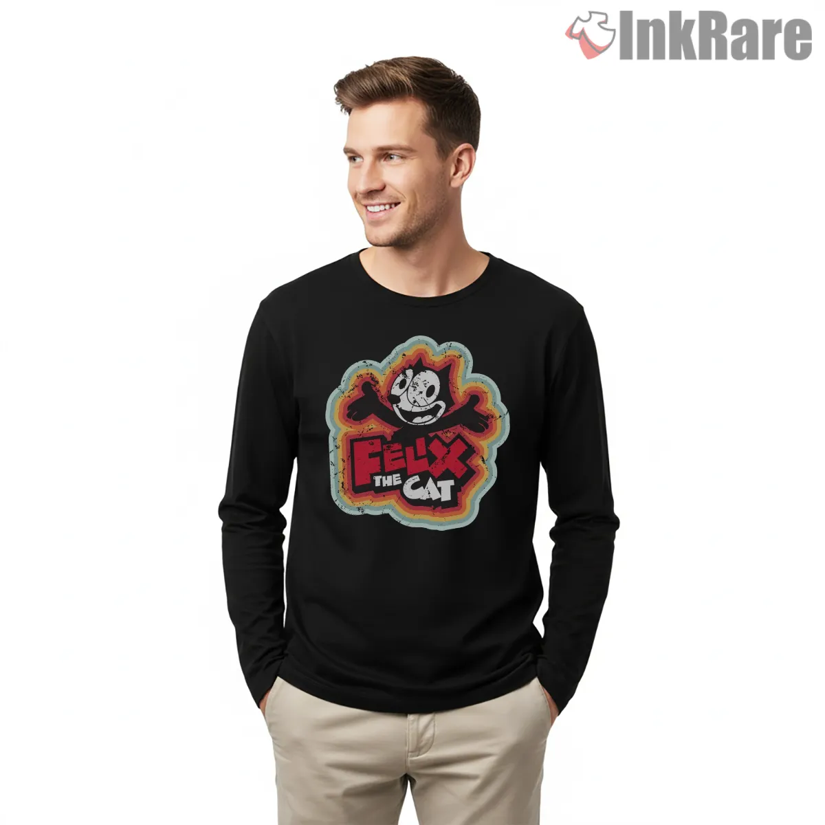 Felix The Cat Fuzzy Patch Retro Badge Shirt on black long sleeve shirt for men graphic tee