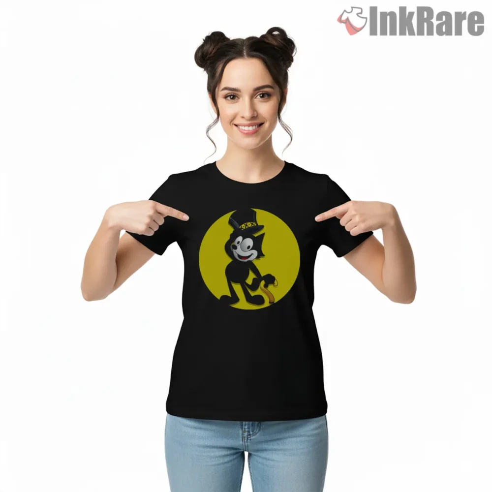 Felix The Cat Golden Stage Top Hat Shirt on black short sleeve shirt for women graphic tee