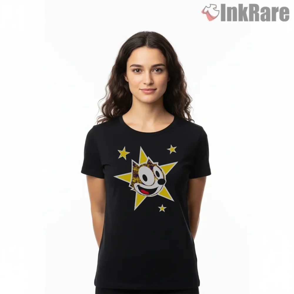 Felix The Cat Golden Starburst Smile Shirt on black short sleeve shirt for women graphic tee