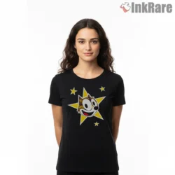 Felix The Cat Golden Starburst Smile Shirt on black short sleeve shirt for women graphic tee