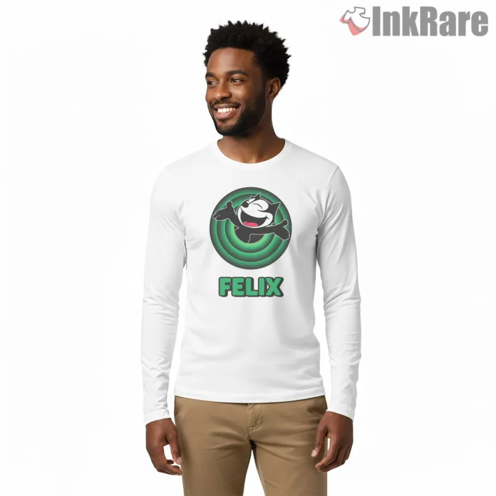 Felix The Cat Green Retro Vortex Shirt on white long sleeve shirt for men graphic tee