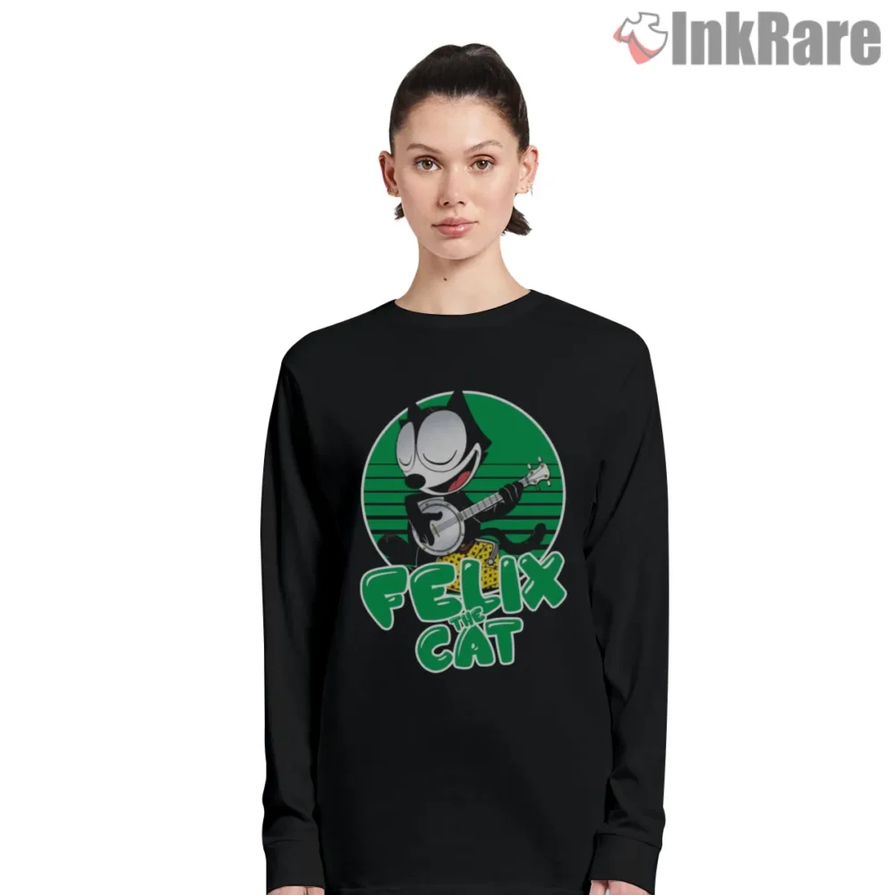 Felix The Cat Green Stripes Guitar Jam Shirt on black long sleeve shirt for women graphic tee
