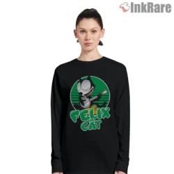 Felix The Cat Green Stripes Guitar Jam Shirt on black long sleeve shirt for women graphic tee