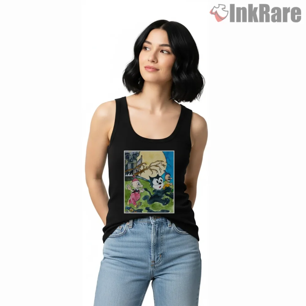 Felix The Cat Haunted Castle Storybook Shirt on black tank top for women graphic tee