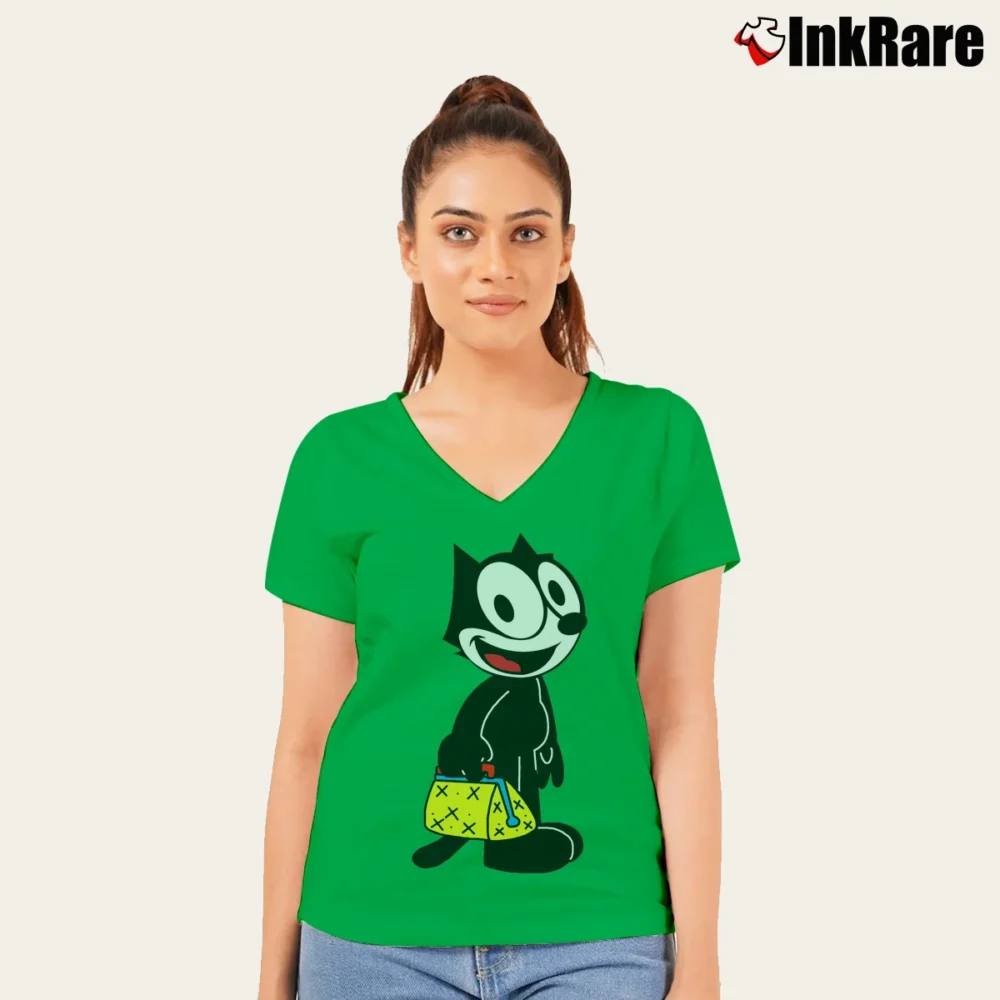 Women’s Felix The Cat His Magic Bag Of Tricks Classic V-Neck Tee in irish green | Chic Neckline, Soft Texture