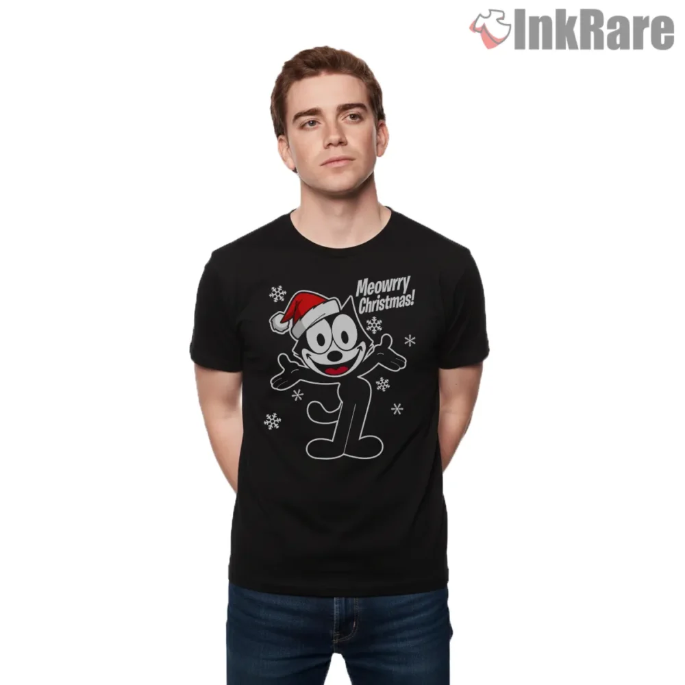 Felix The Cat Meowrry Christmas Snowflake Shirt on black short sleeve shirt for men graphic tee